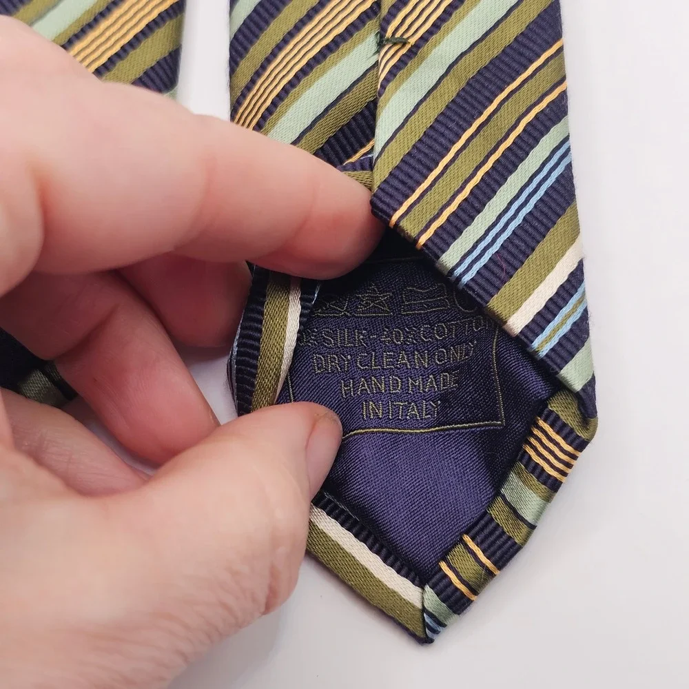 Brioni Silk Cotton‎ Tie Green Navy Striped Handmade Italy Designer Luxury Formal